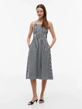Gingham-kuvioinen, rypytetty pellavaseos-midimekko