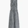 Gingham-kuvioinen, rypytetty pellavaseos-midimekko