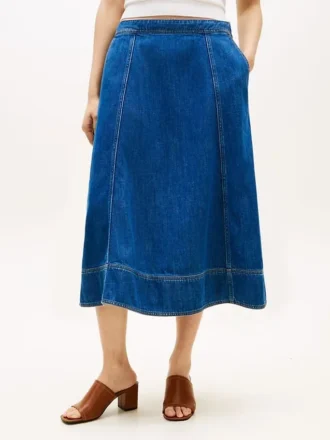 Korkeavyötäröinen, levenevä denim-midihame