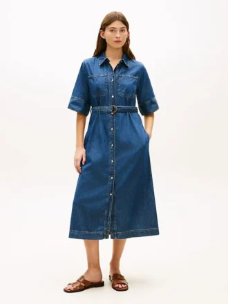 Vyötäröinen denim-midimekko