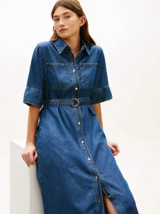 Vyötäröinen denim-midimekko