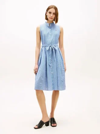 Vyötäröinen gingham-seersucker-midimekko