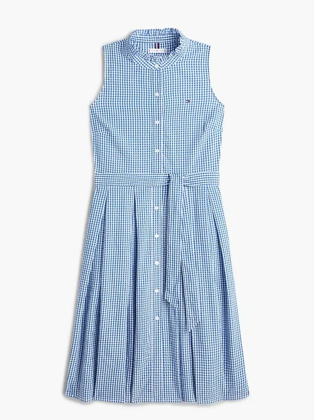 Vyötäröinen gingham-seersucker-midimekko Vyötäröinen gingham-seersucker-midimekko