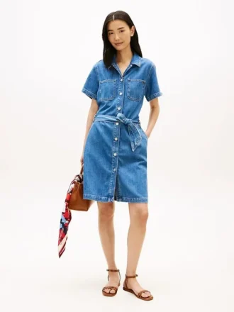 Vyötäröinen keskipestyt denim-paitamekko