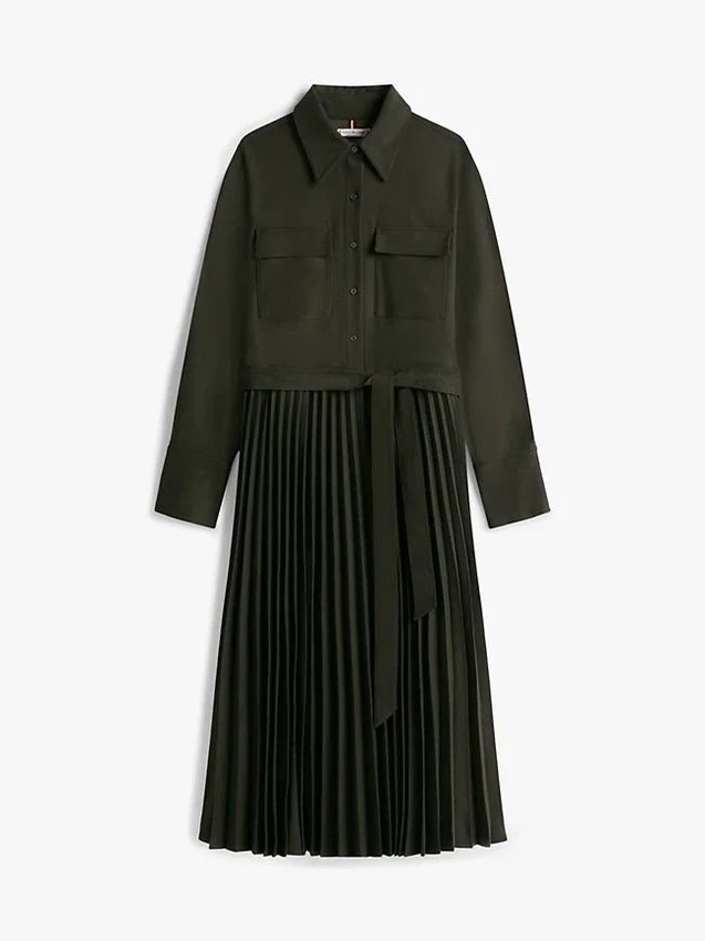 Vyötäröinen pliseerattu twill-paita-mekko Vyötäröinen pliseerattu twill-paita-mekko